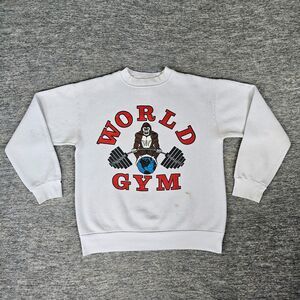 Vintage 90s World Gym White Medium Crewneck Bodybuilding Gorilla USA Sweatshirt